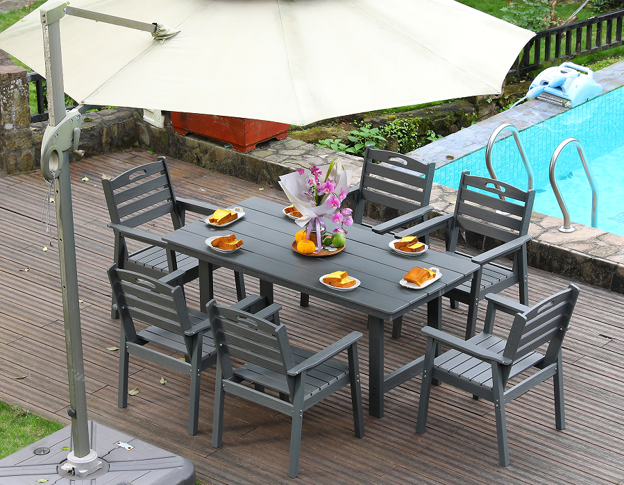 ชุดรับประทานอาหารนอกบ้าน HDPE 6 ชิ้น สีเทา พร้อมพนักพิงแนวนอน