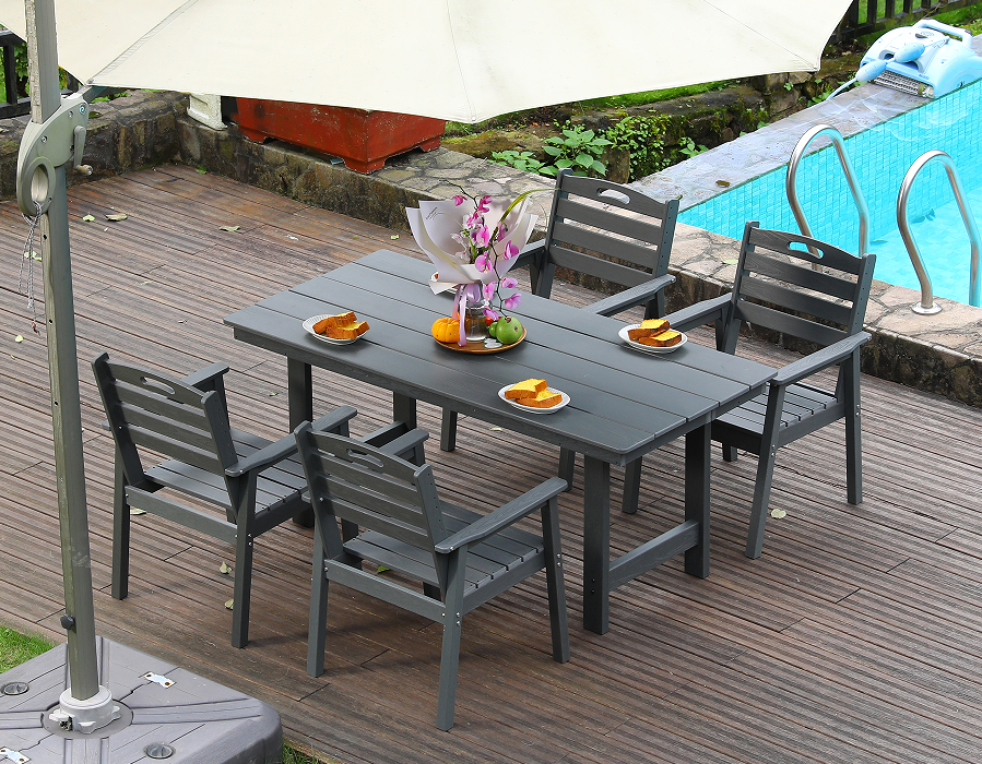 ชุดรับประทานอาหารกลางแจ้ง HDPE 4 ชิ้น พร้อมพนักพิงแนวนอน สีเทา