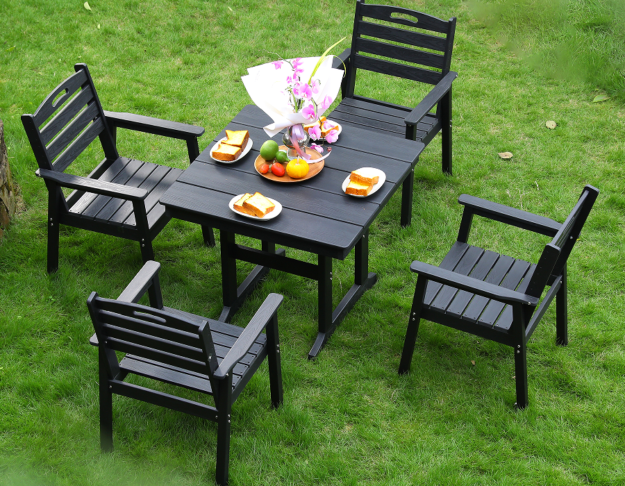 ชุดรับประทานอาหารทรงสี่เหลี่ยม HDPE 4 ชิ้น สีดำ พร้อมพนักพิงแนวนอน