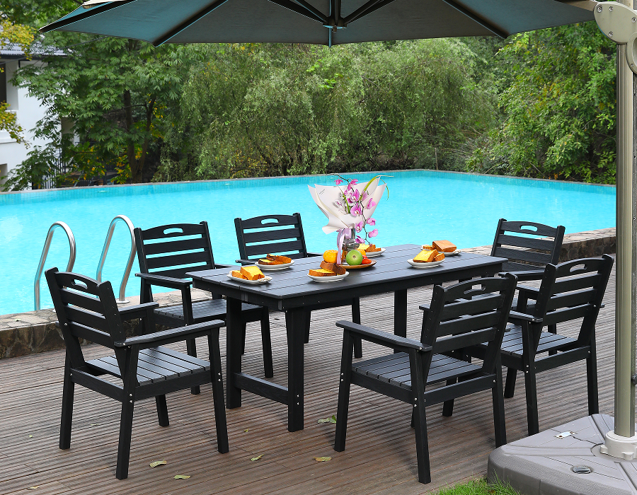 ชุดรับประทานอาหารกลางแจ้ง HDPE 6 ชิ้นพร้อมพนักพิงแนวนอนสีดำ