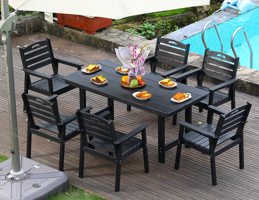 ชุดรับประทานอาหารกลางแจ้ง HDPE 6 ชิ้นพร้อมพนักพิงแนวนอนสีดำ