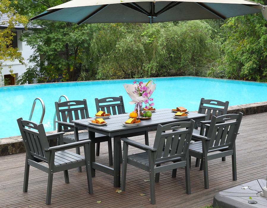 ชุดรับประทานอาหารกลางแจ้ง HDPE 6 ชิ้น พร้อมพนักพิงแนวตั้ง สีเทา