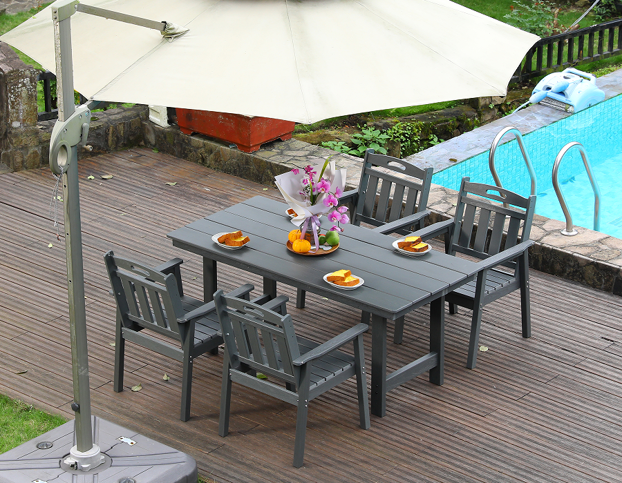 ชุดรับประทานอาหารนอกบ้าน HDPE 4 ชิ้น พร้อมพนักพิงแนวตั้ง สีเทา