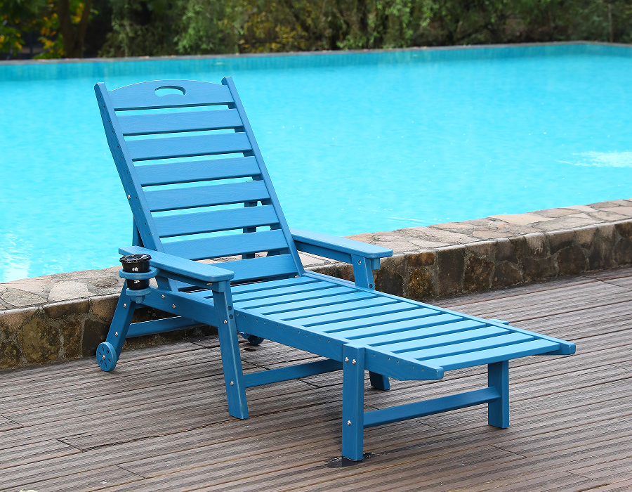 เก้าอี้เลานจ์ Adirondack ริมสระน้ำ HDPE สีน้ำเงินพร้อมดำน้ำ