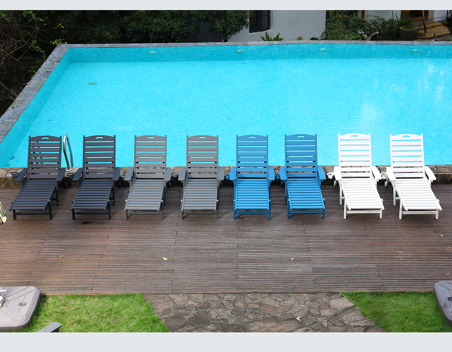 เก้าอี้เลานจ์ Adirondack ริมสระน้ำ HDPE สีน้ำเงินพร้อมดำน้ำ